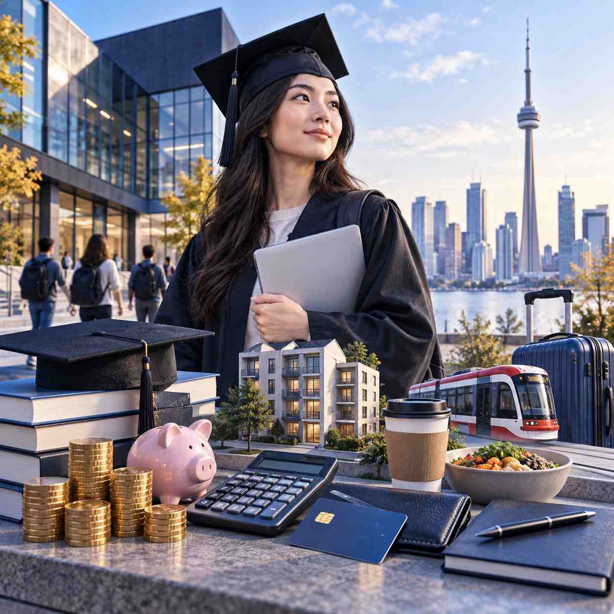 International MBA student in Toronto with graduation cap, calculator, coins, housing, transport and living expense symbols representing Rotman MBA costs.